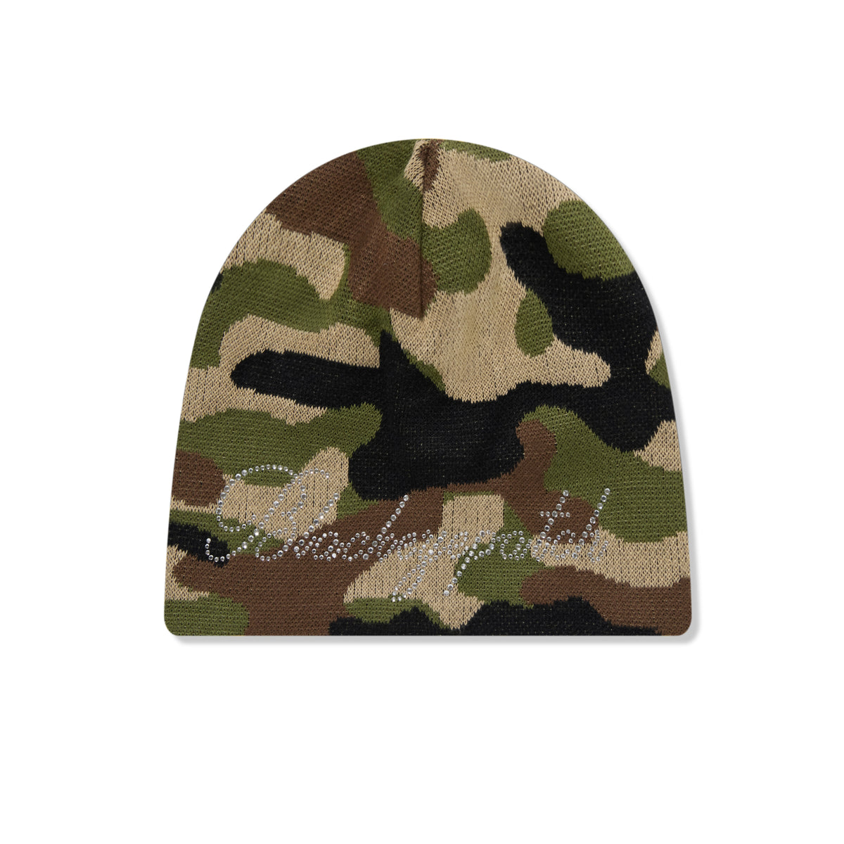 RHINESTONED SCRIPT SINGLE BEANIE WOODLAND CAMO – BlackEyePatch