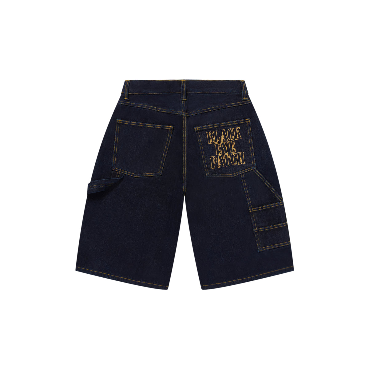 STENCIL LOGO DOUBLE KNEE DENIM SHORTS INDIGO – BlackEyePatch