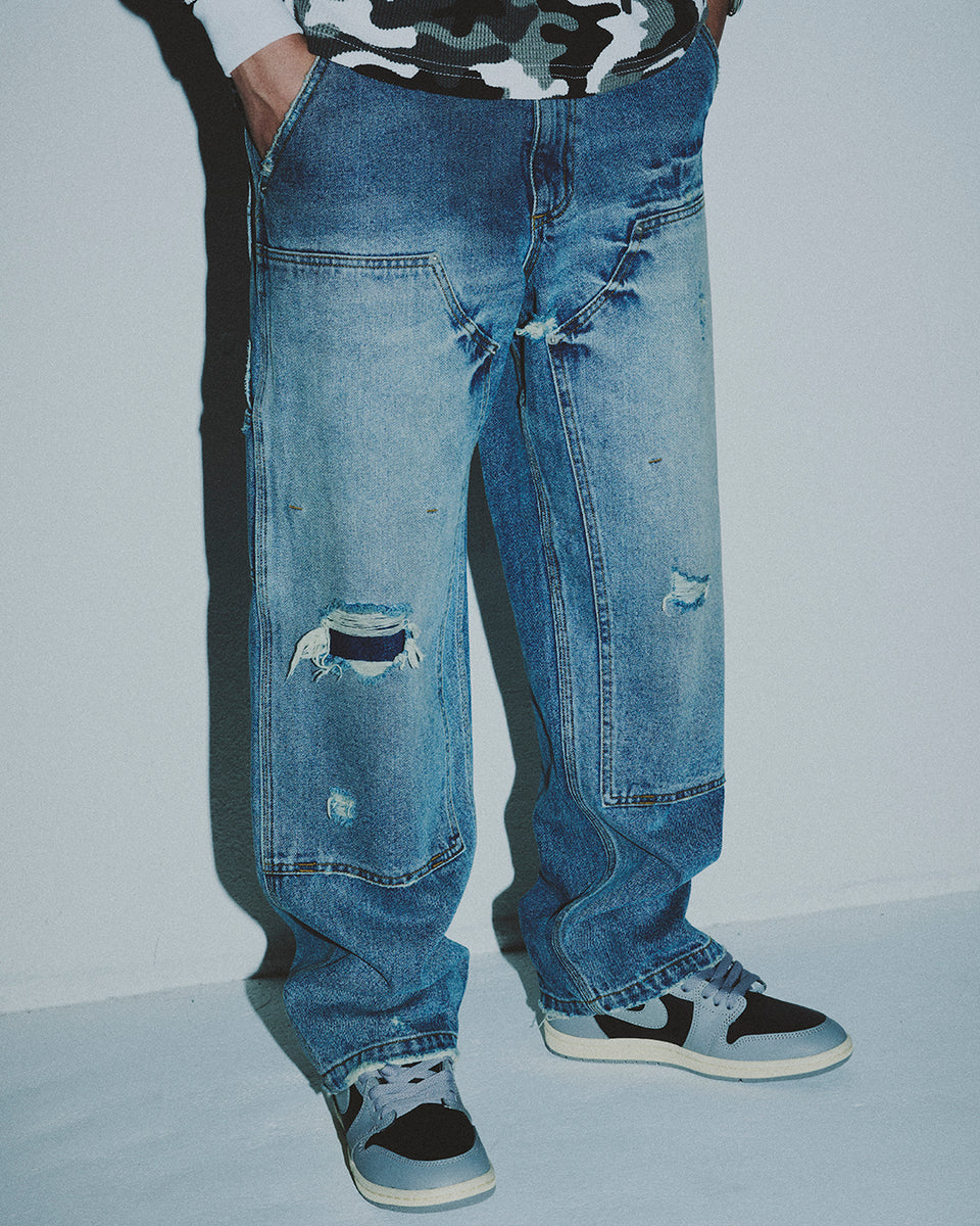 DOUBLE KNEE DAMAGED PAINTER PANTS INDIGO – BlackEyePatch