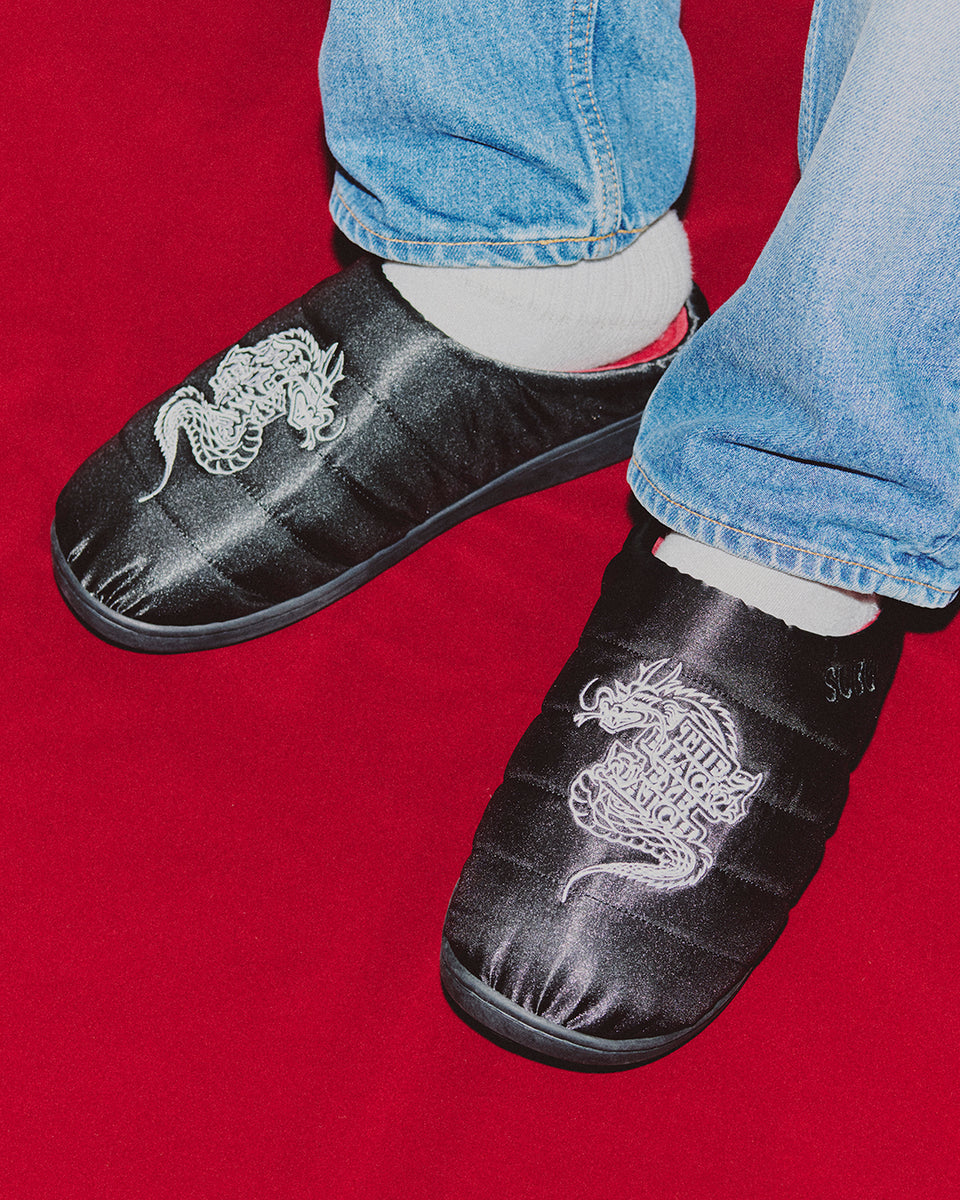 SATIN DRAGON SUBU SANDALS BLACK – BlackEyePatch