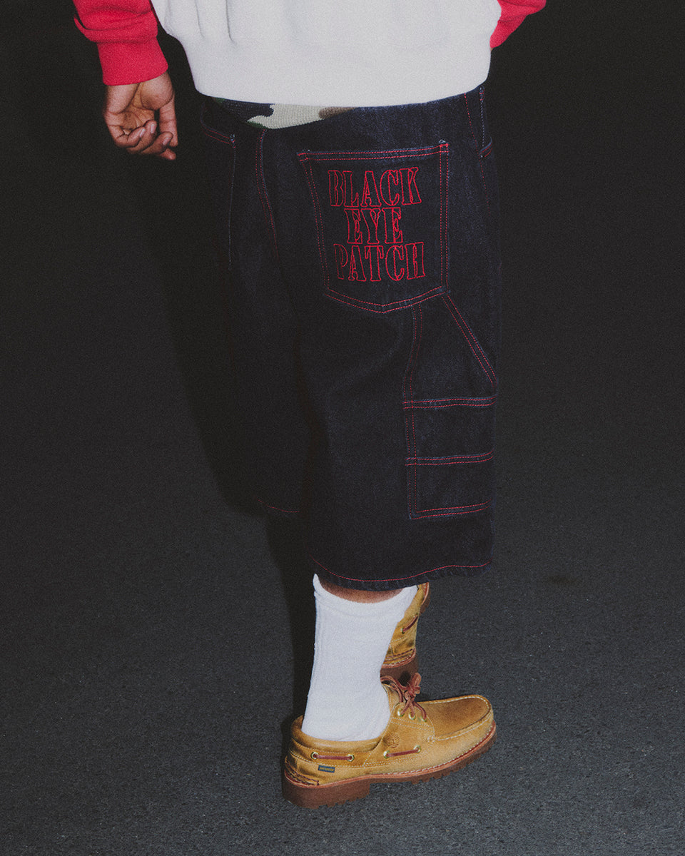 STENCIL LOGO DOUBLE KNEE DENIM SHORTS BLACK – BlackEyePatch