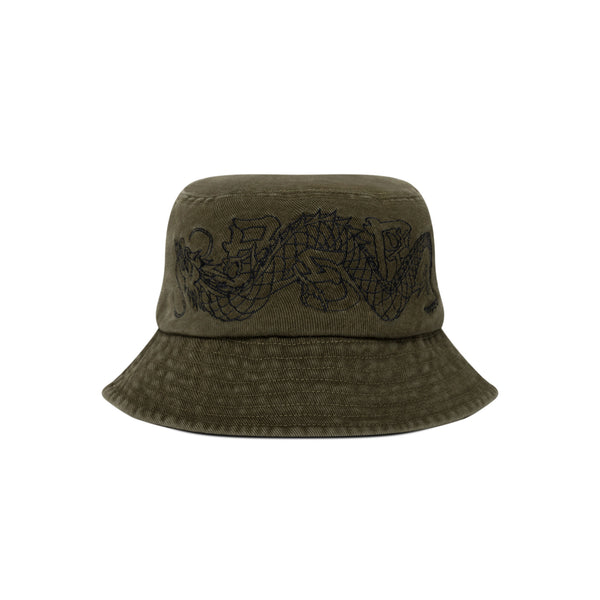 DRAGON EMBROIDERED WASHED BUCKET HAT OLIVE