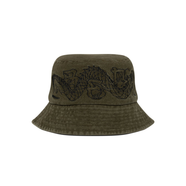 DRAGON EMBROIDERED WASHED BUCKET HAT OLIVE