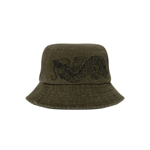 DRAGON EMBROIDERED WASHED BUCKET HAT OLIVE