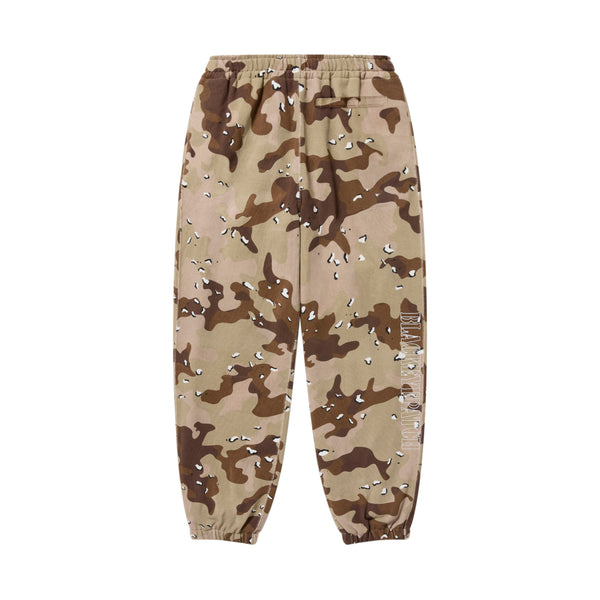 Sweatpants with stencil logo embroidery, desert camo pattern.