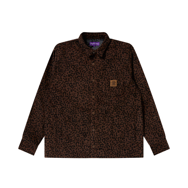 LEOPARD PATTERNED QUILTED SHIRT JACKET BROWN