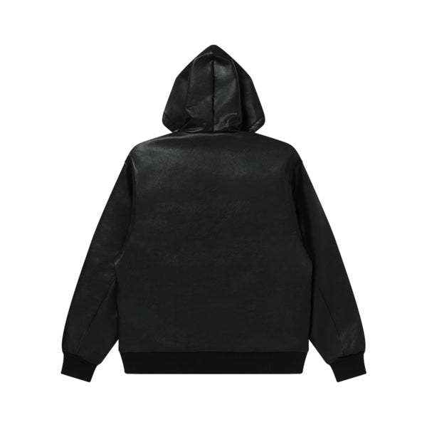 LEATHER PATCH PU HOODED JACKET BLACK