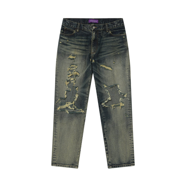 B EMBLEM DAMAGED SLIM JEANS INDIGO