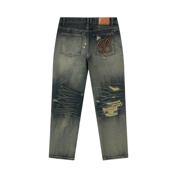 B EMBLEM DAMAGED SLIM JEANS INDIGO