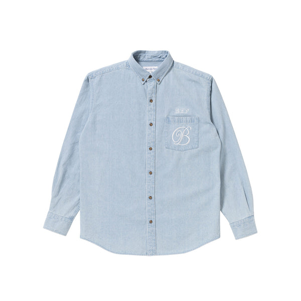 B Emblem Denim Shirt, Washed Blue