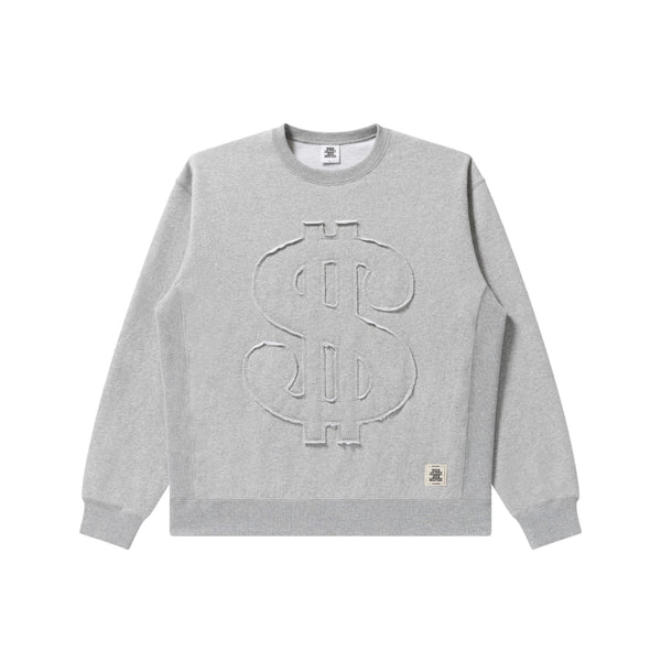 BIG DOLLAR SIGN FABRIC-STITCHED CREW SWEAT HEATHER GRAY