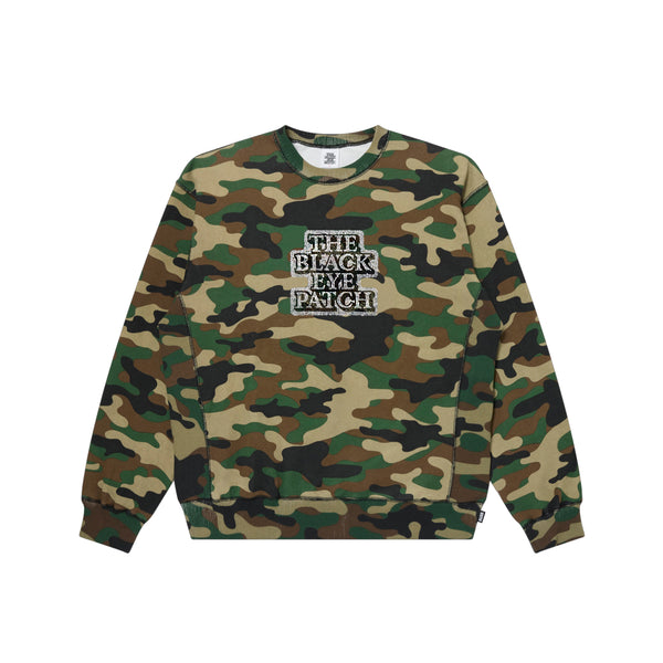 RHINESTONED OG LABEL CREW  SWEAT WOODLAND CAMO