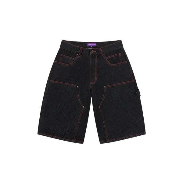 STENCIL LOGO DOUBLE KNEE DENIM SHORTS BLACK