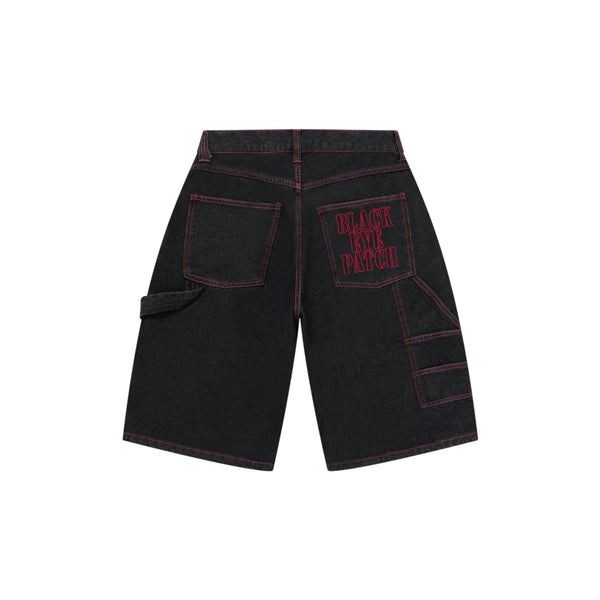 STENCIL LOGO DOUBLE KNEE DENIM SHORTS BLACK