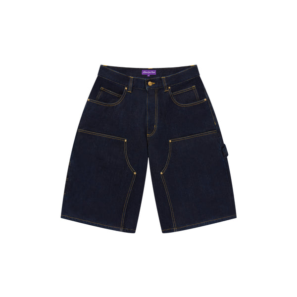 STENCIL LOGO DOUBLE KNEE DENIM SHORTS INDIGO