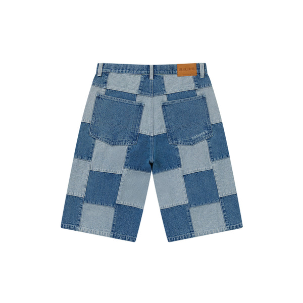 DENIM PATCHWORK BAGGY SHORTS INDIGO