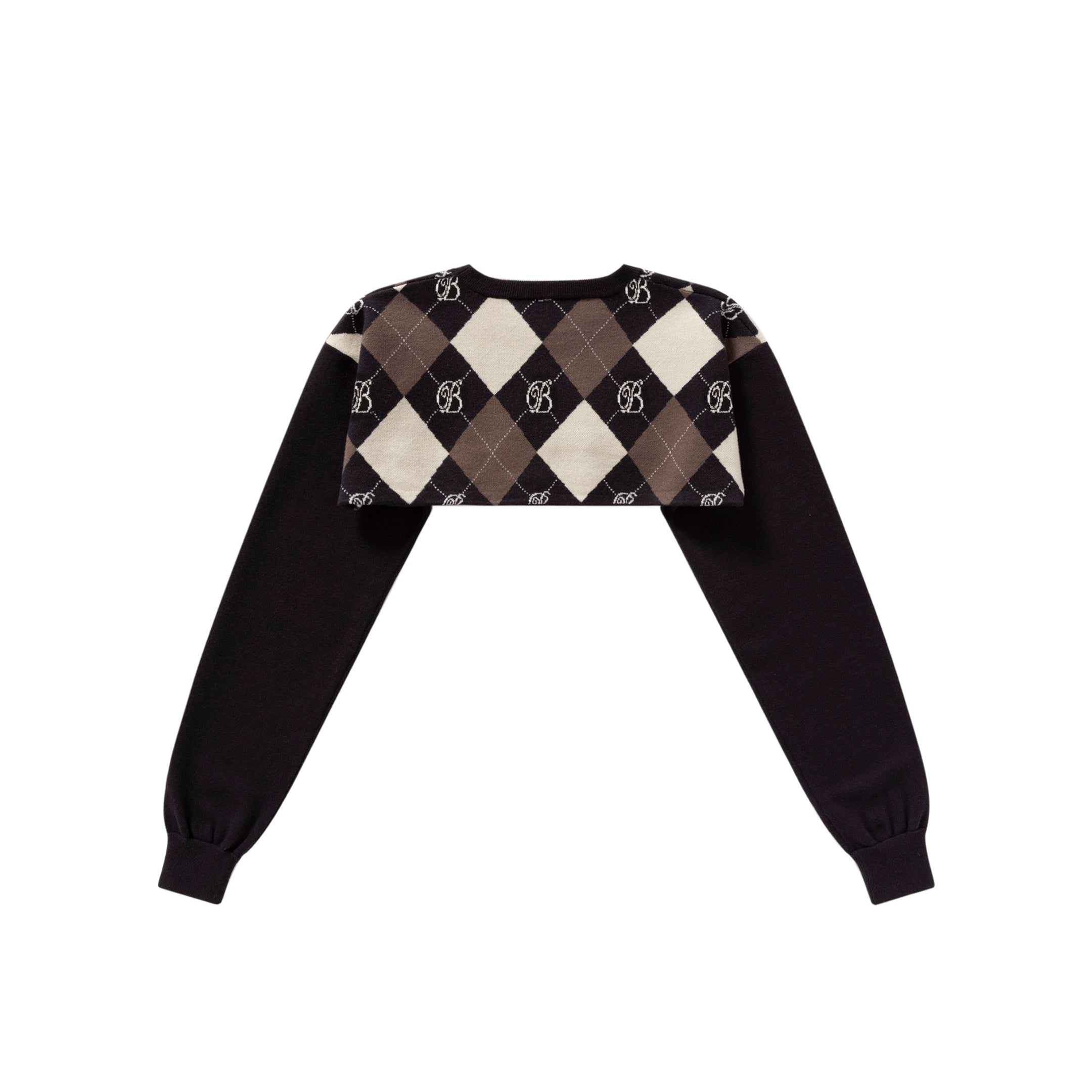 B EMBLEM ARGYLE KNIT BOLERO SWEATER BLACK