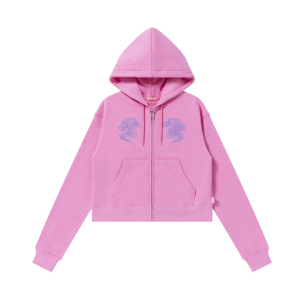 DRAGONS EMBROIDERED ZIP HOODIE PINK