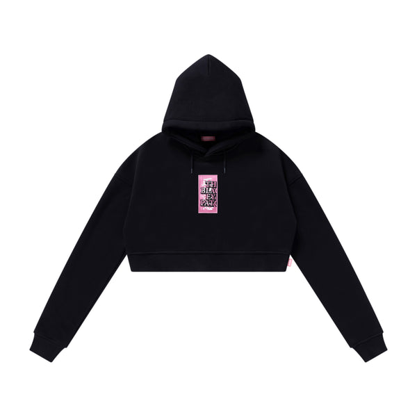 HWC LABEL EMBROIDERED CROPPED HOODIE BLACK