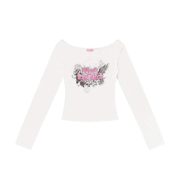 ROSES AND WINGS OFF SHOULDER L/S TEE WHITE