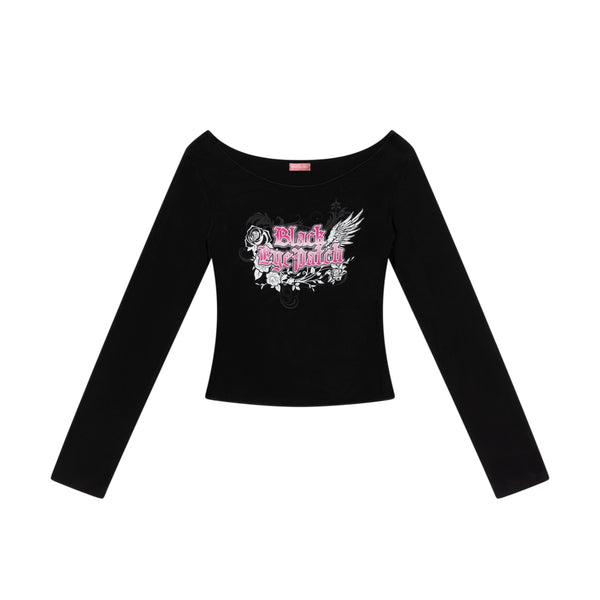 ROSES AND WINGS OFF SHOULDER L/S TEE BLACK