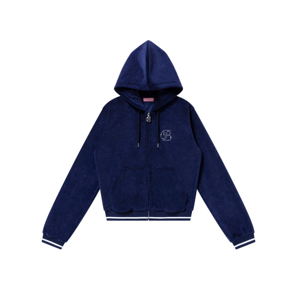 B EMBLEM CROPPED VELOUR ZIP HOODIE NAVY