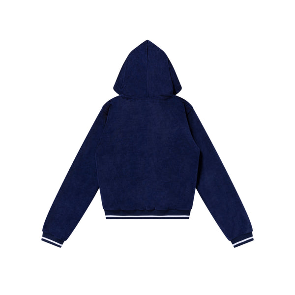 B EMBLEM CROPPED VELOUR ZIP HOODIE NAVY