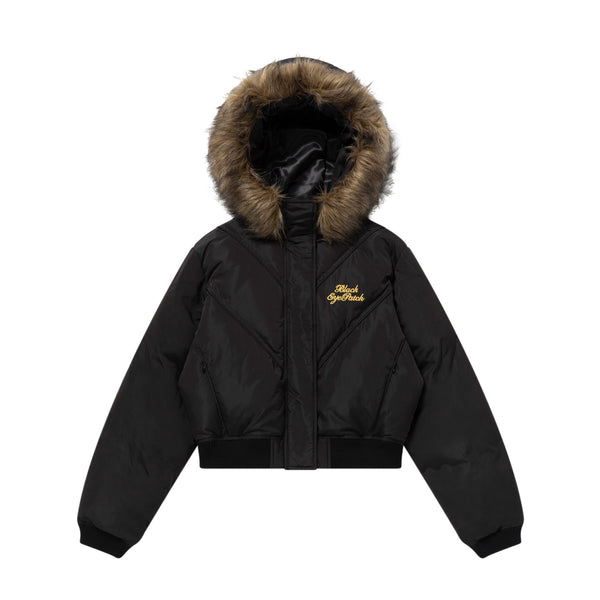 EMBROIDERED FAUX FUR HOODED JACKET BLACK