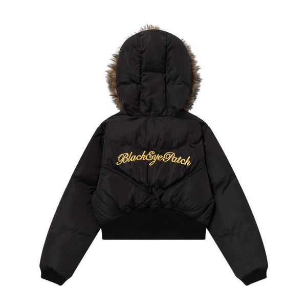 EMBROIDERED FAUX FUR HOODED JACKET BLACK