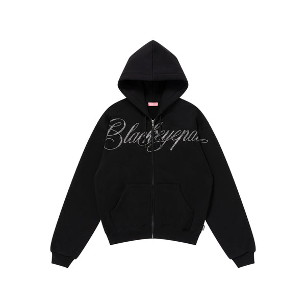 RHINESTONE BIG SCRIPT ZIP HOODIE BLACK