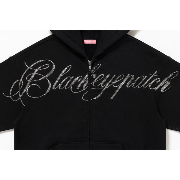 RHINESTONE BIG SCRIPT ZIP HOODIE BLACK