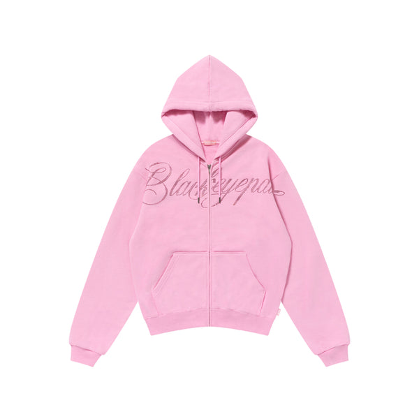 RHINESTONE BIG SCRIPT ZIP HOODIE PINK