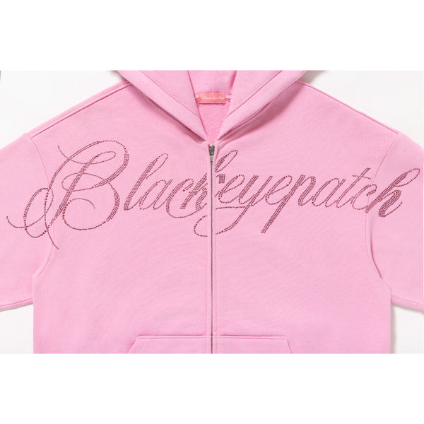 RHINESTONE BIG SCRIPT ZIP HOODIE PINK