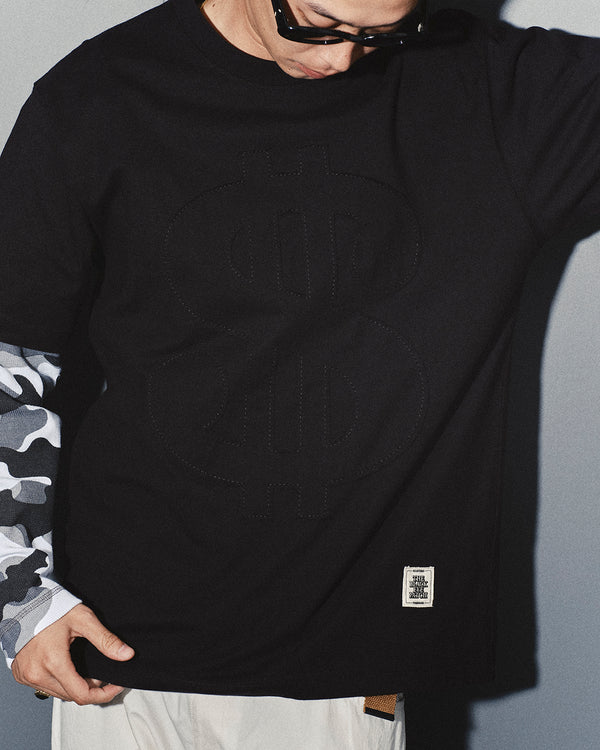 BIG DOLLAR SIGN FABRIC STITCHED TEE BLACK