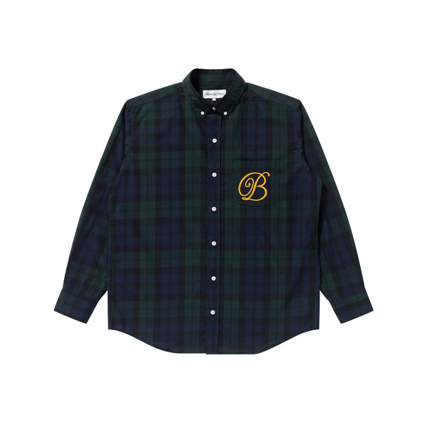 B Emblem Checked Long Sleeve Shirt, Green/Navy
