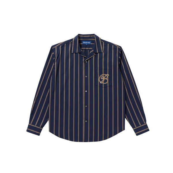 B Emblem Open Collar Striped Shirt, Navy