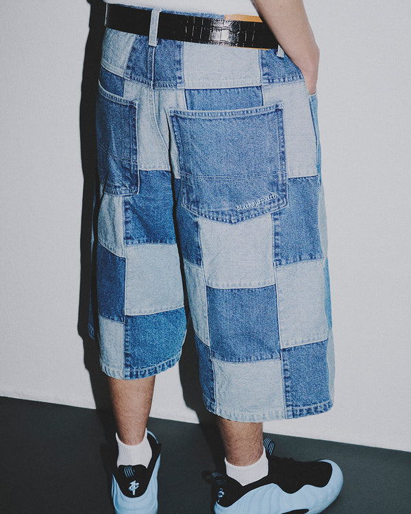 DENIM PATCHWORK BAGGY SHORTS INDIGO