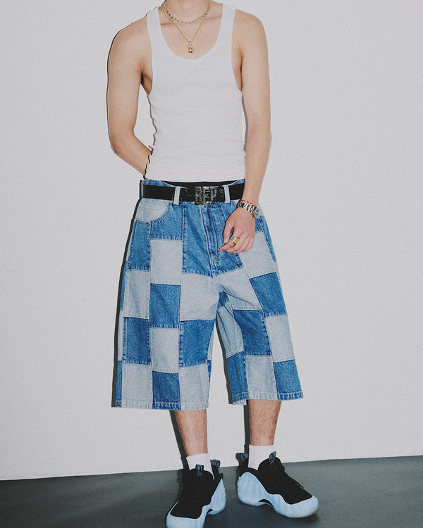 DENIM PATCHWORK BAGGY SHORTS INDIGO