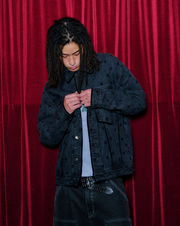 DOLLAR SIGN PATTERNED DENIM JACKET BLACK
