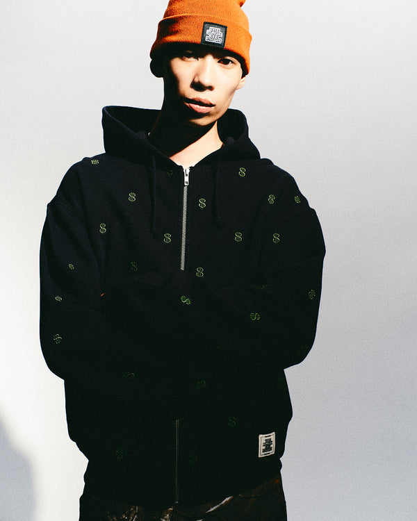 DOLLAR SIGN PATTERNED THERMAL ZIP HOODIE BLACK