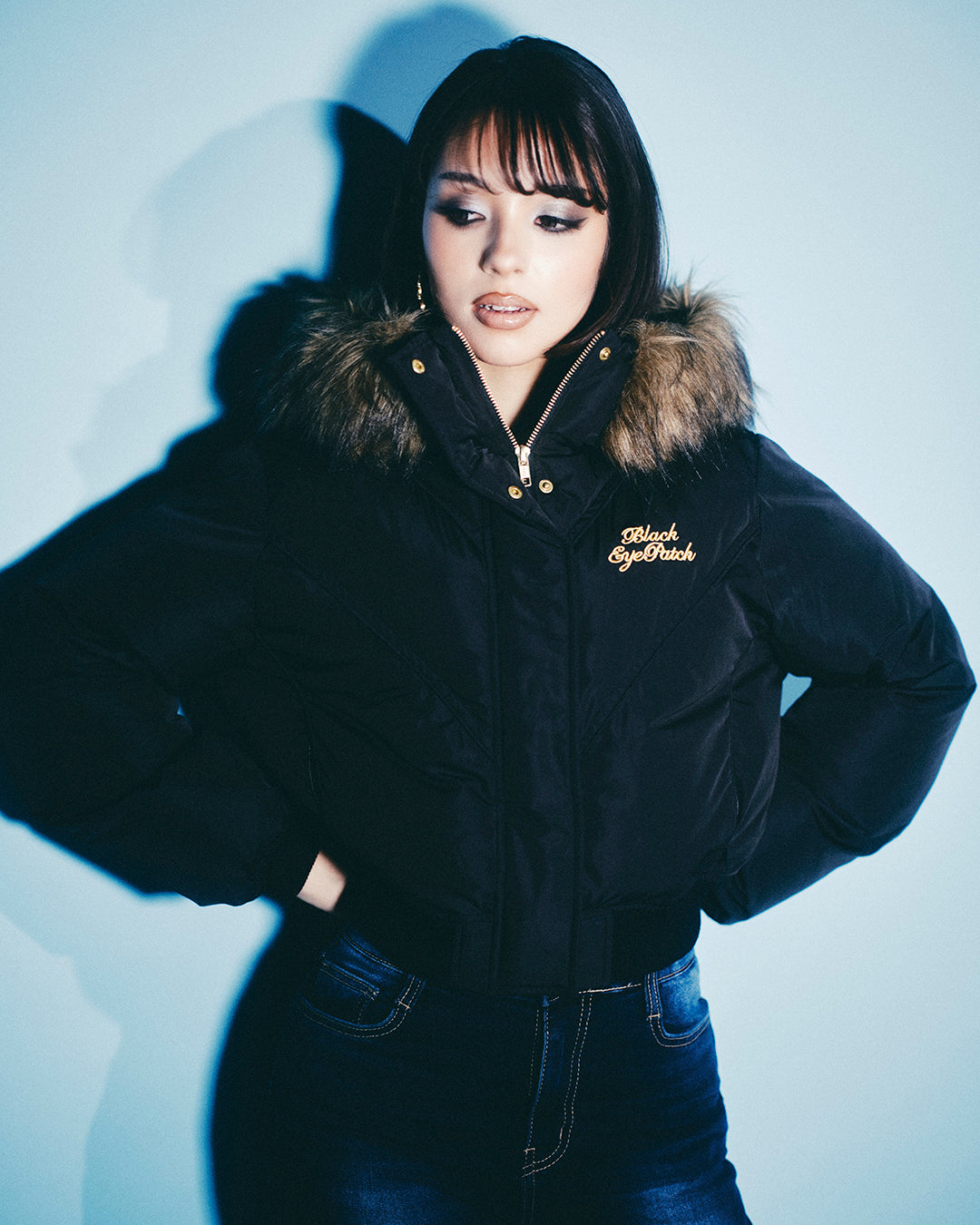 EMBROIDERED FAUX FUR HOODED JACKET BLACK – BlackEyePatch