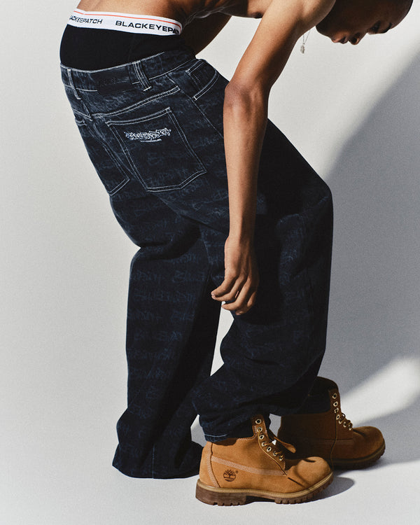 FASTHAND Script Patterned Extra Baggy Jeans, Black