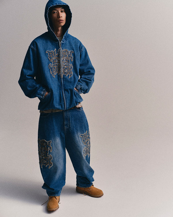 Metal Logo Hooded Denim Jacket, Black