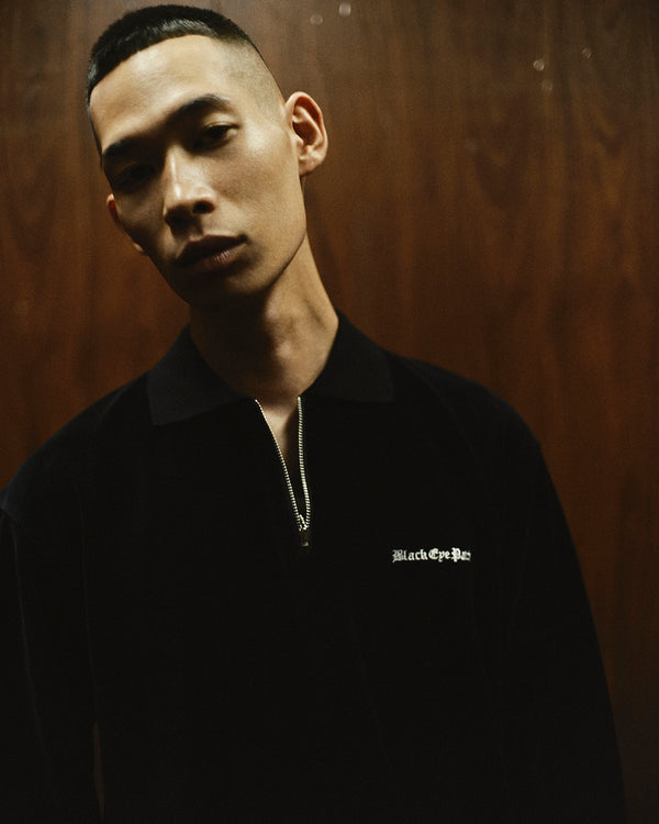 OE Logo Half Zip Velour Shirt, Black