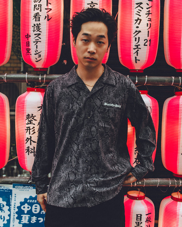 OE LOGO OPEN COLLARED L/S RAYON SHIRT BLACK