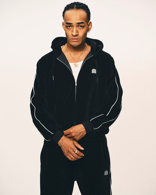 OG LABEL PIPED SLEEVES VELOUR ZIP HOODIE BLACK
