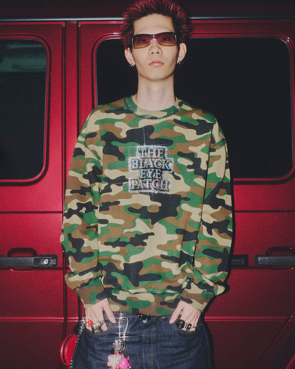 RHINESTONED OG LABEL CREW  SWEAT WOODLAND CAMO