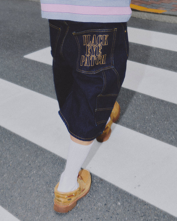 STENCIL LOGO DOUBLE KNEE DENIM SHORTS INDIGO