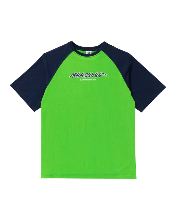 BEEZ-EYE-P Script Logo Raglan Tee, Navy / Green