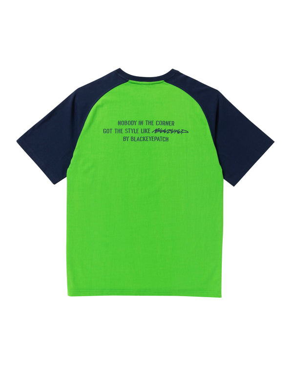 BEEZ-EYE-P Script Logo Raglan Tee, Navy / Green